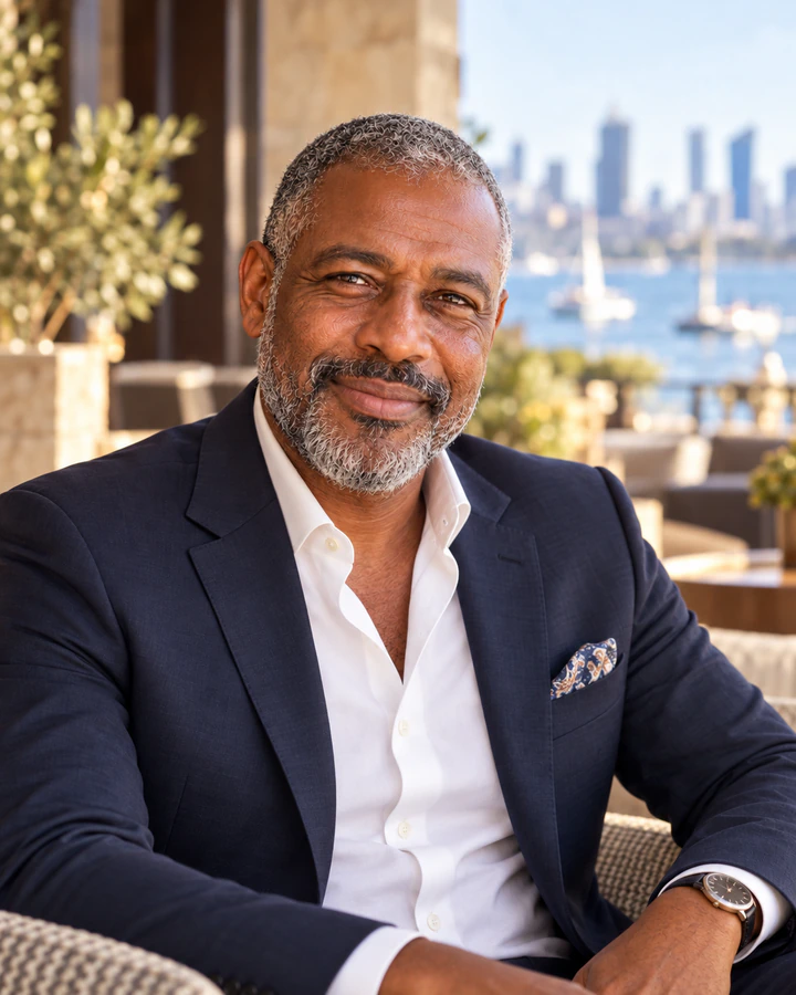 Alexander wearing a navy suit and white shirt